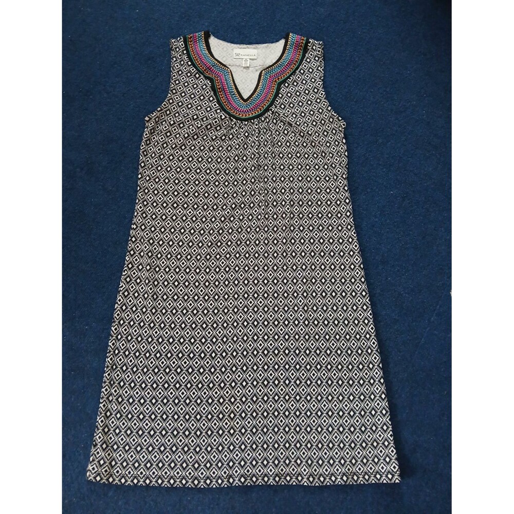 Rafaella Sleeveless Shift Dress Black/ White Colorful Neck Embroidery Small NWOT
